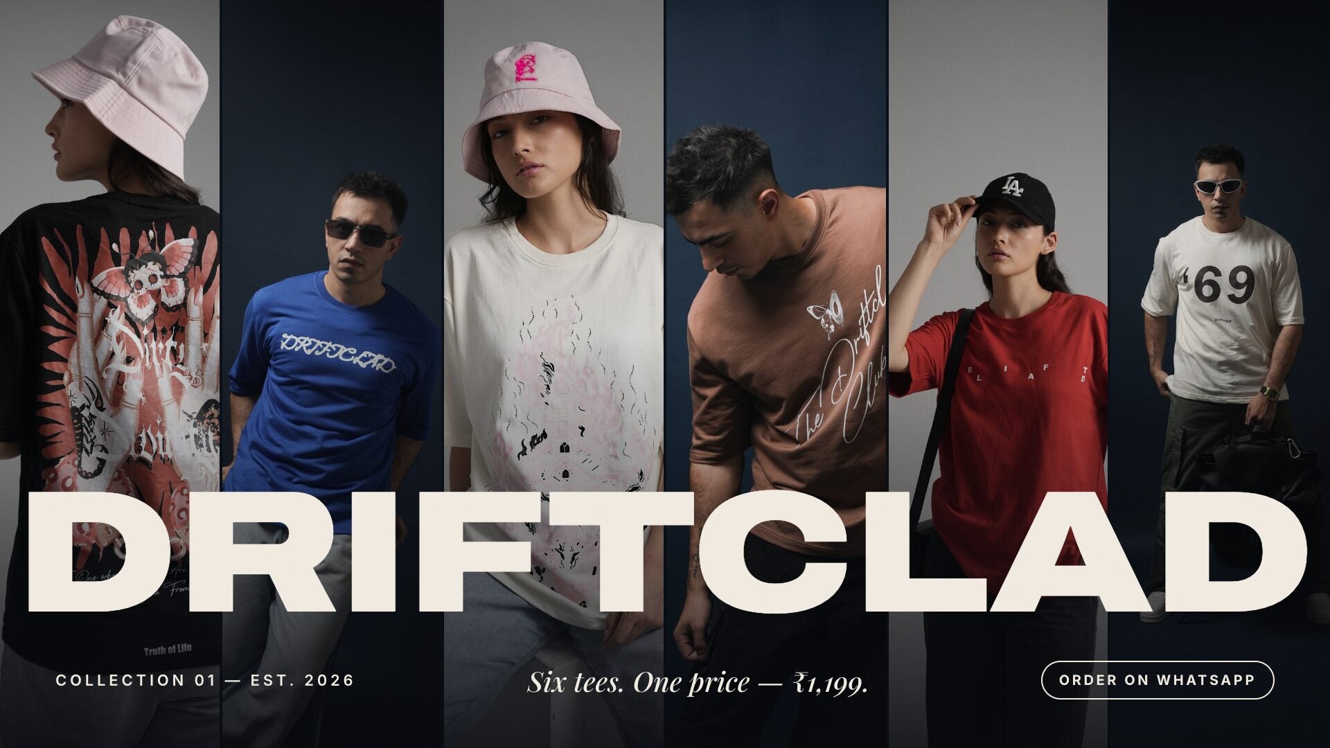 DRIFTCLAD Collection 01 — six tees worn by her and him